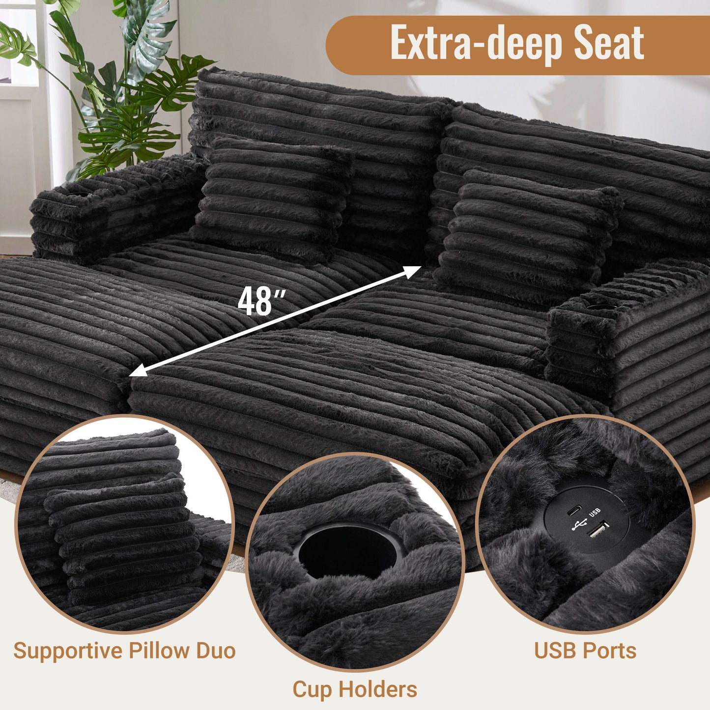 Oversized Double Chaise Lounge Sofa Bed With USB Ports And Cup Holders