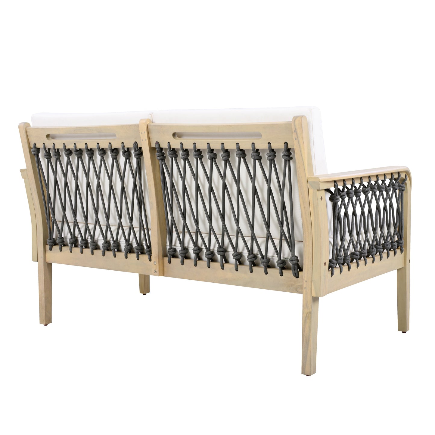 Outdoor Acacia Wood Loveseat & Coffee Table Set with Handwoven Rope, Light Teak