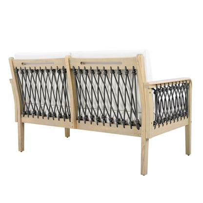Outdoor Acacia Wood Loveseat & Coffee Table Set with Handwoven Rope, Light Teak