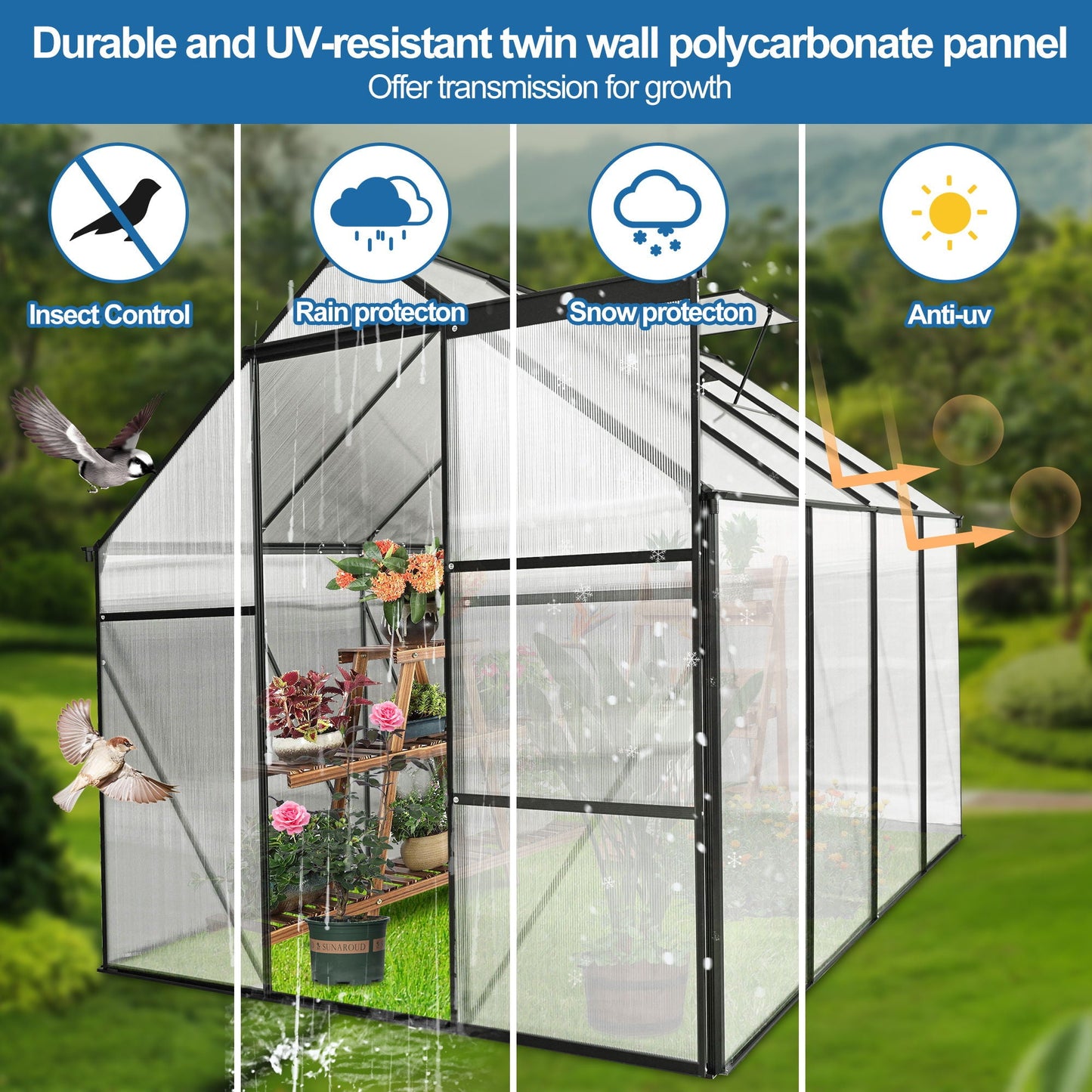 Polycarbonate house Raised Base And Anchor Aluminum Heavy Duty Walk-In houses For Outdoor Backyard In All Season