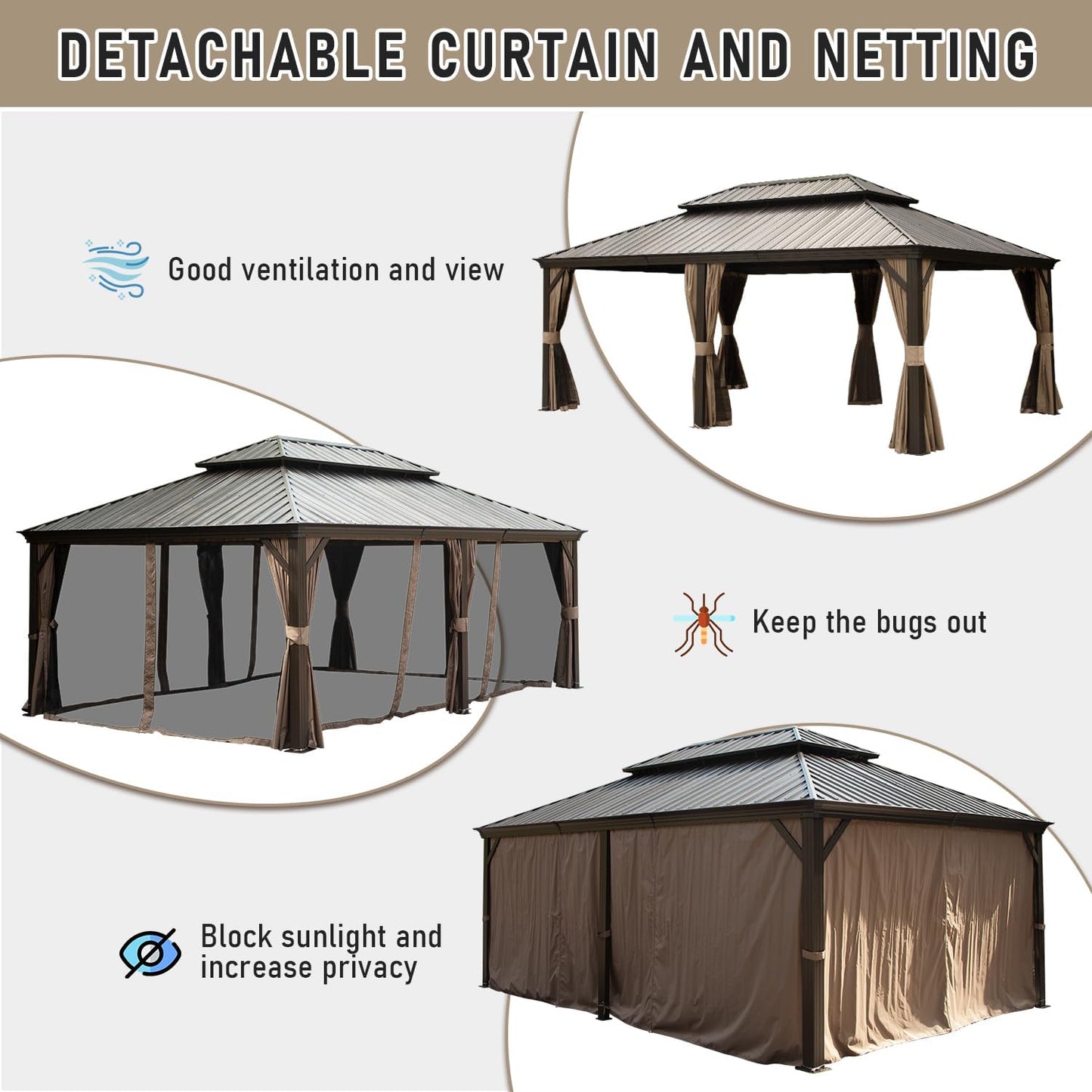 14x22FT Hardtop Gazebo with Galvanized Steel Double Roof