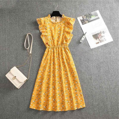 Polka Dot Chiffon Skirt Loose Versatile Temperament Medium Skirt Dot Print Butterfly Sleeve Ruffles dress