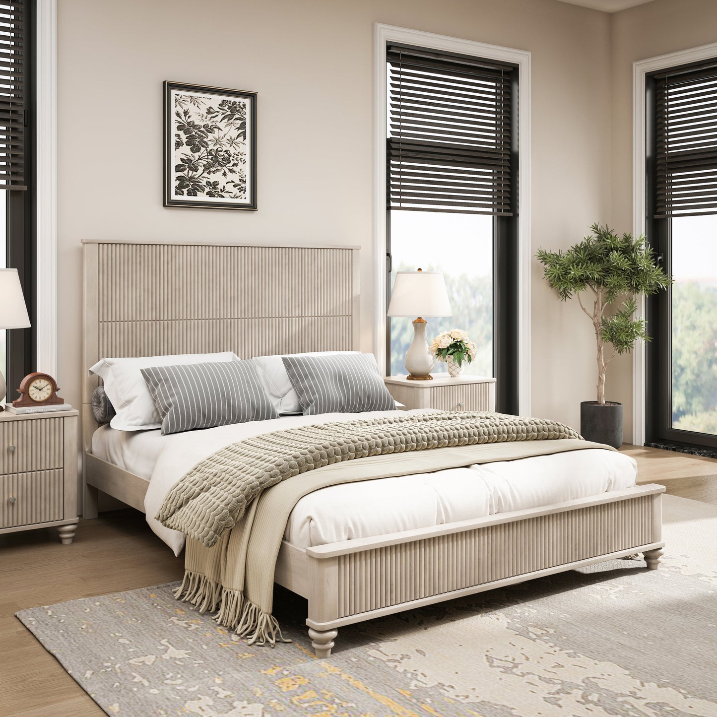 Solid Wood Queen Platform Bed Frame with Tall Headboard