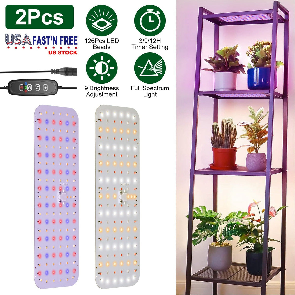 2Pcs Ultra-Thin LED Grow Lights for Indoor Plants with 126Pcs LEDs Full Spectrum Under Cabinet Plant Growing Light Panel 3/9/12H Timer 9 Dimmable Leve