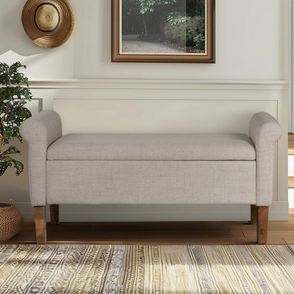 Upholstered Storage Bench With Rolled Armrests - Beige