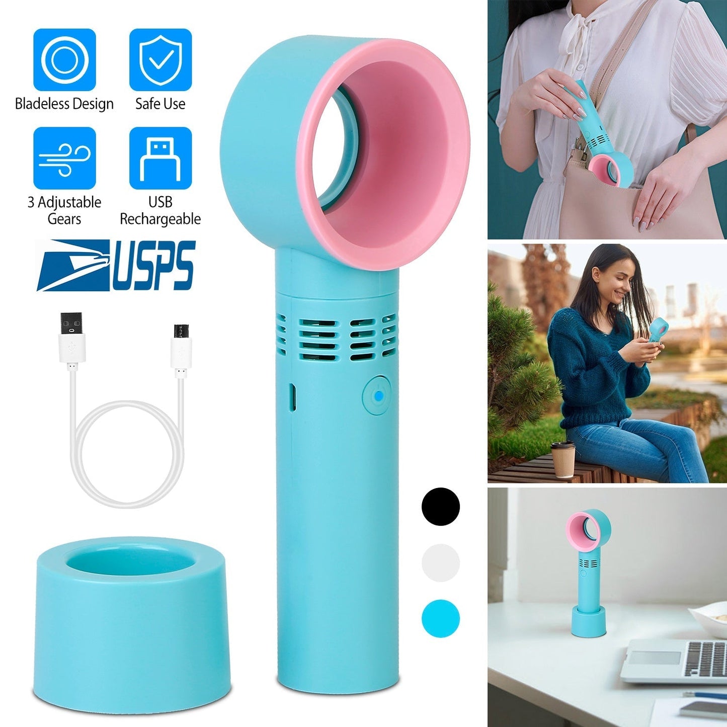 Portable Handheld Bladeless Fan Rechargeable Cooling USB Fan Desktop Use Fan w/ 3 Gears LED Indicator Cooling Fan