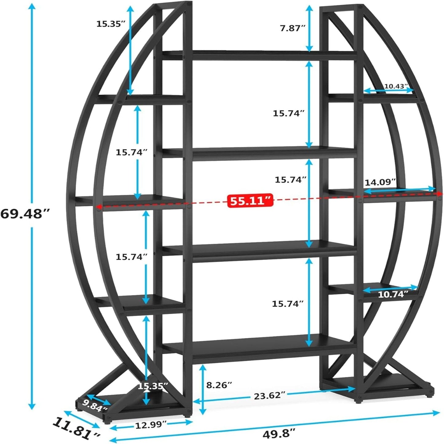 Triple Wide Oval Etagere Bookcase With Shelves For Living Room