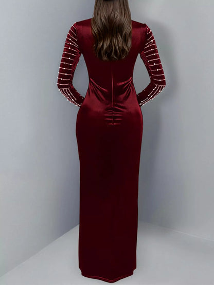 Rhinestone Embellished Mock Neck Long Sleeve Maxi Dress