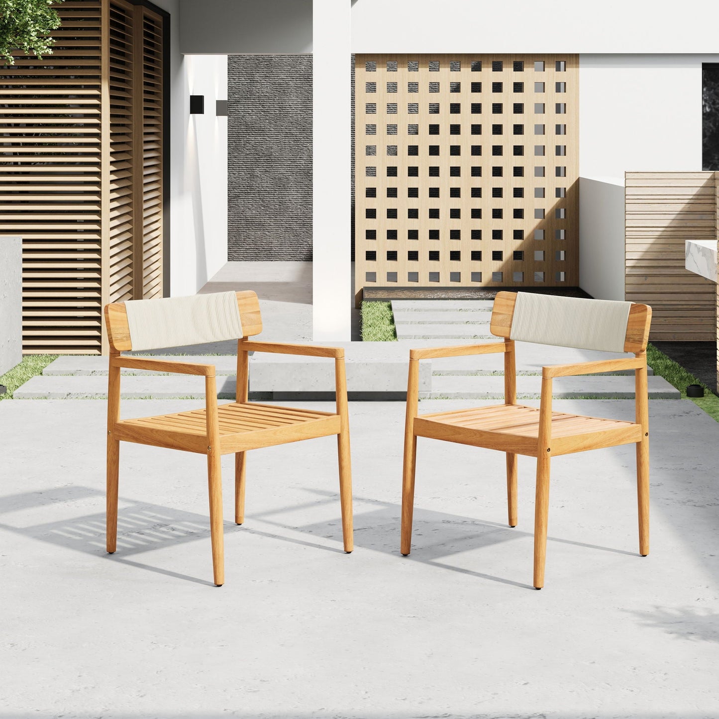 Creative Braided Acacia Wood Outdoor Dining Chairs with Armrests (Set of 2) - Teak / White