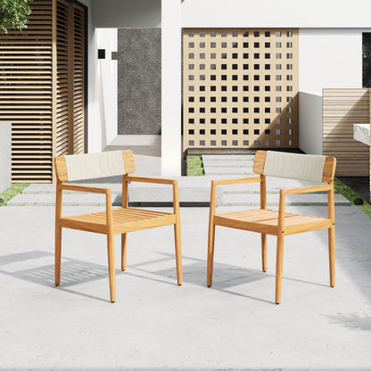 Creative Braided Acacia Wood Outdoor Dining Chairs with Armrests (Set of 2) - Teak / White