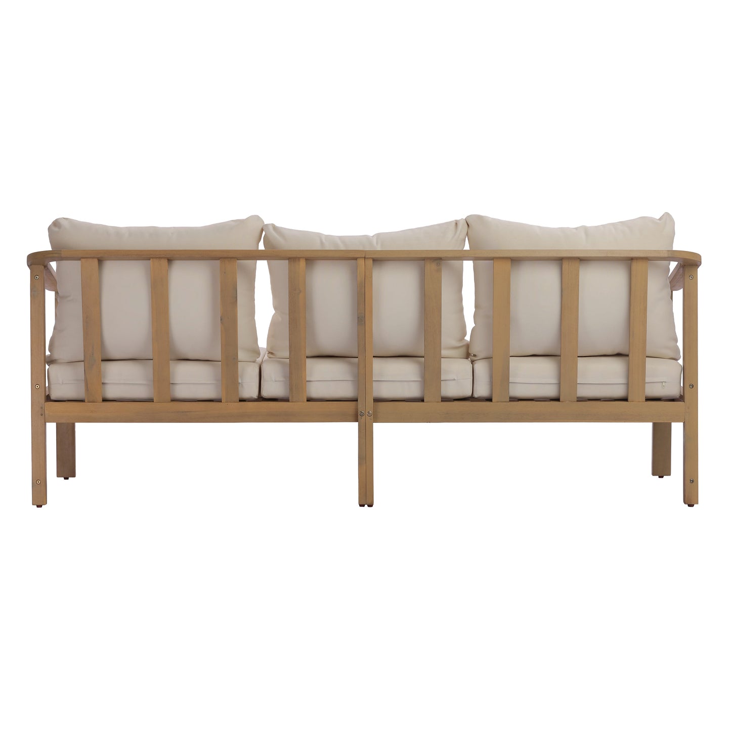 77.95" Outdoor Acacia Wood 3-Seater Sofa with Beige Cushions