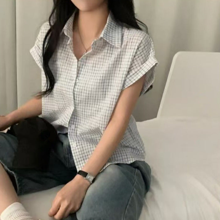 Womens Loose Korean-Style Retro Color-Block Plaid Short-Sleeve Shirt