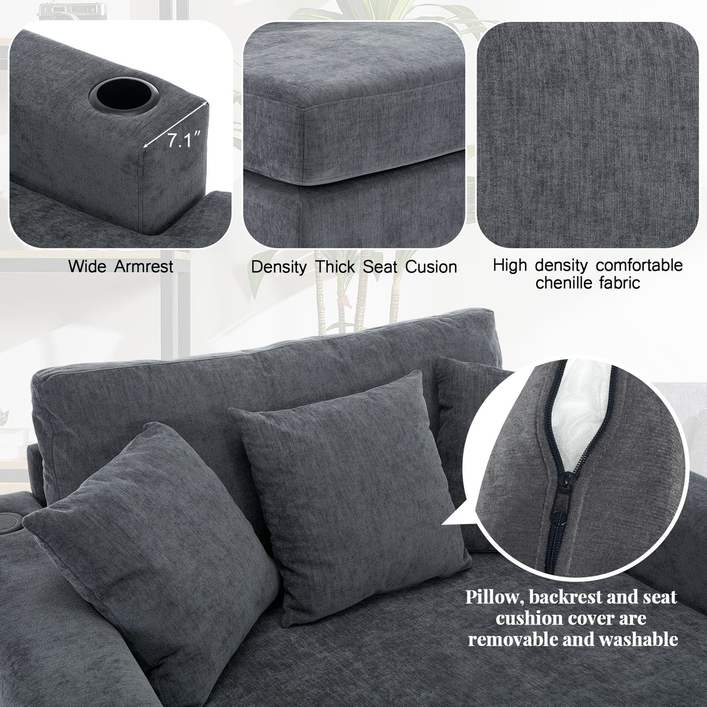 Oversized Chaise Lounger Modern Style Sofa Couch With Pillows, Charge Station & Cup Holders