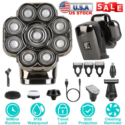 6 In 1 9D Electric Head Shaver for Men Cordless Rechargeable Wet Dry Razor with LED Display Travel Lock Stall Protection Cleaning Reminder