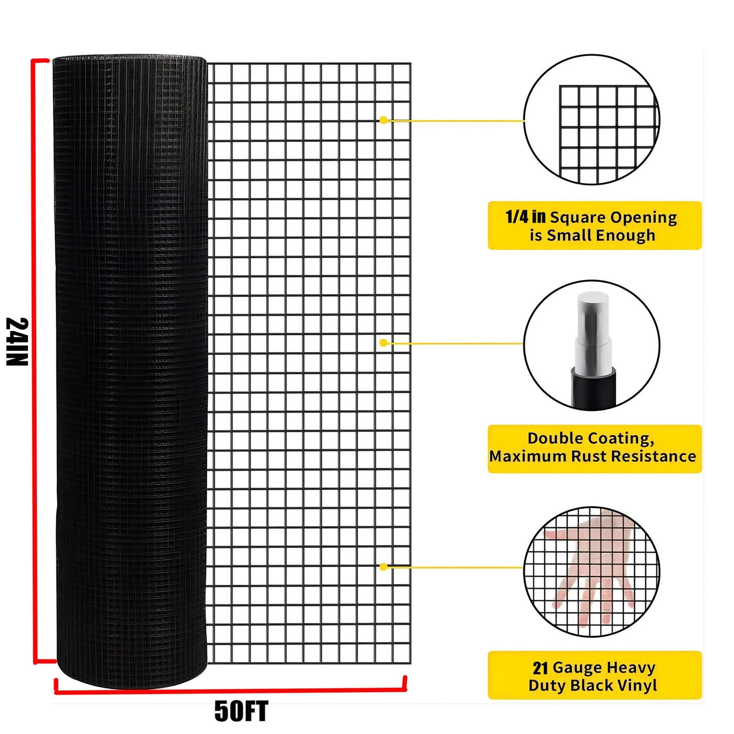 Vinyl Coated Hardware Cloth, 21 Gauge, Galvanized Steel, For Poultry Netting And Chicken Coop - Black