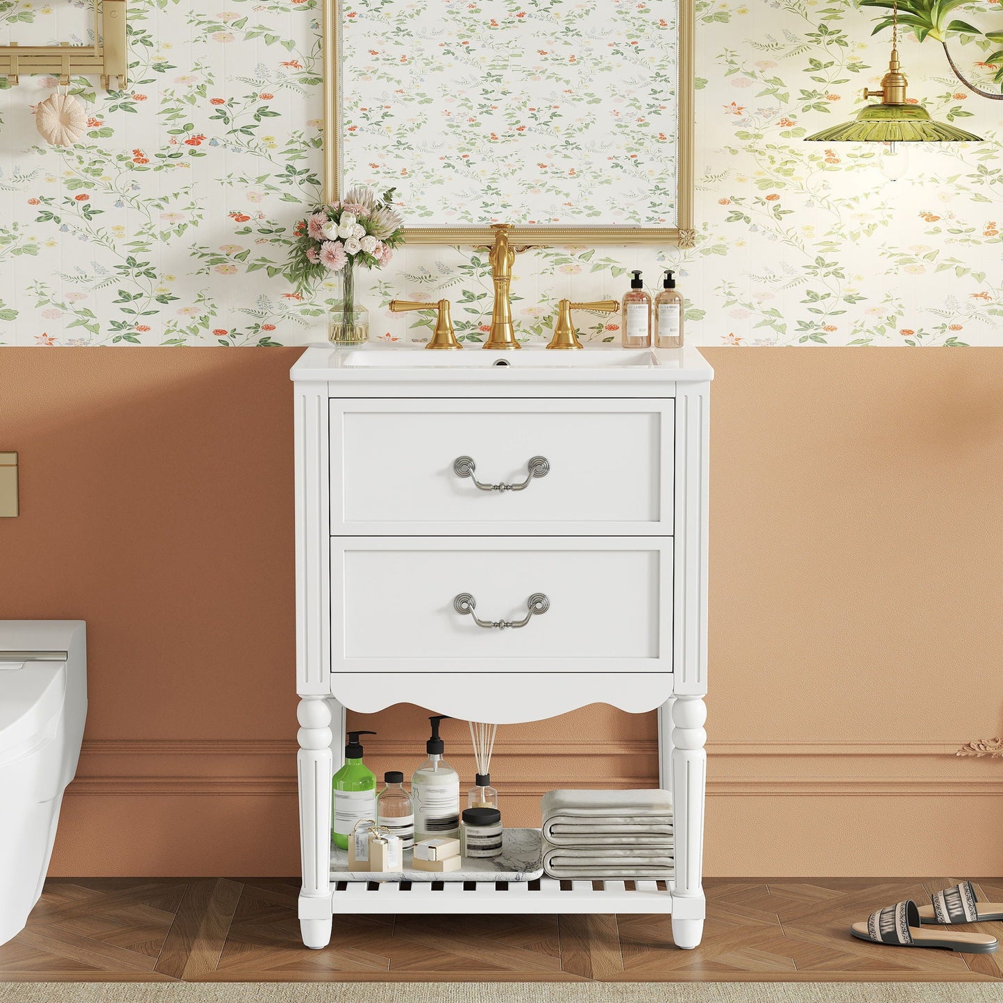Wave Design Bathroom Vanity With Sink, 2 Drawers And Open Shelf