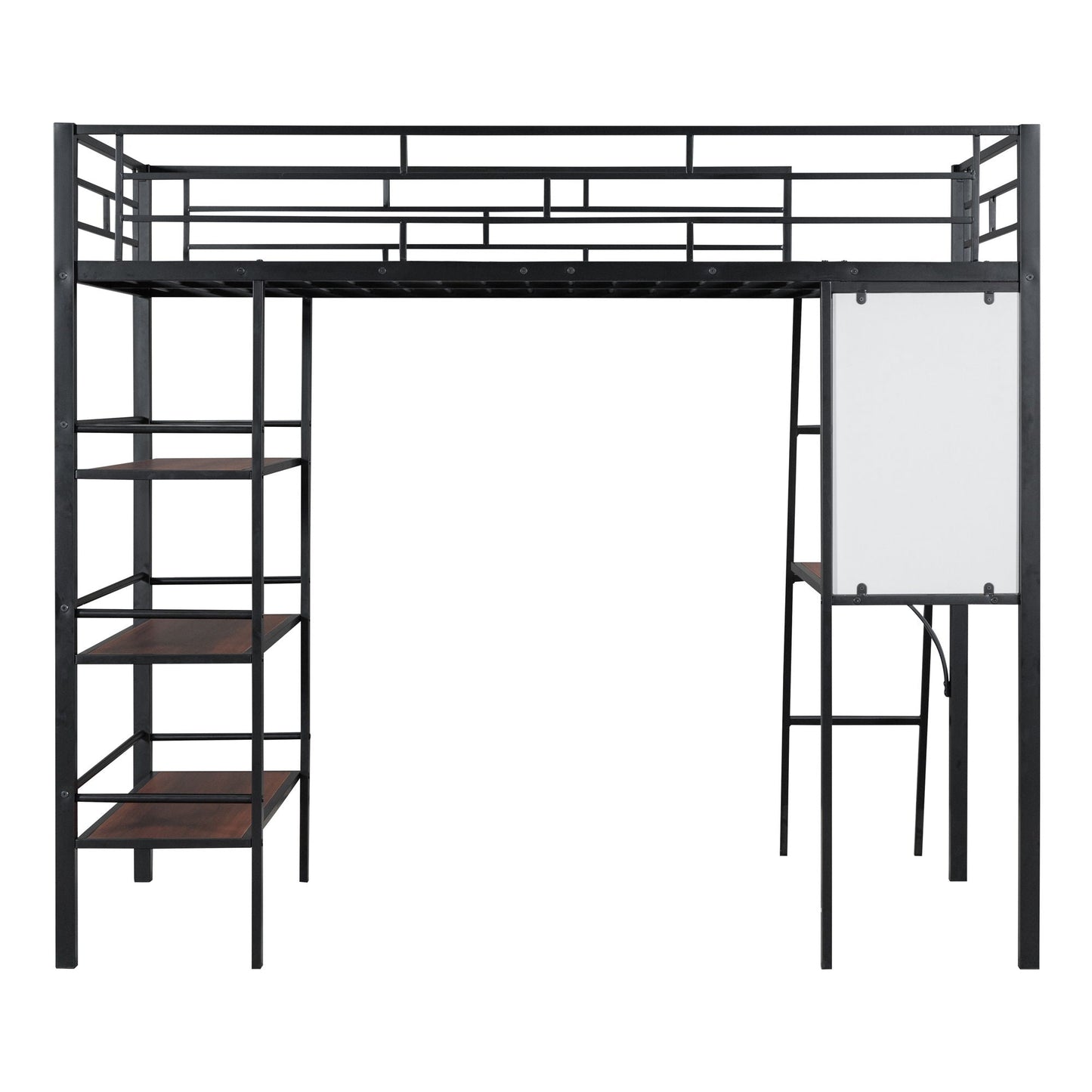 Loft Metal Bed With 3 Layers Of Shelves And Desk, Stylish Metal Frame Bed With board