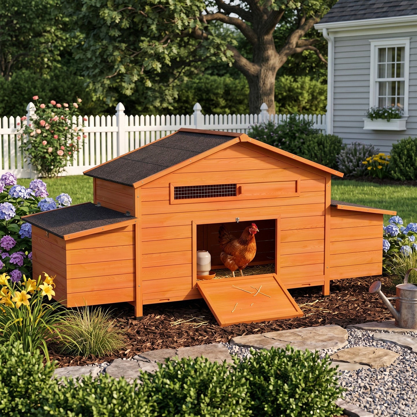 70" Large Wooden Chicken Coop with 2 Nesting Boxes and Waterproof Roof