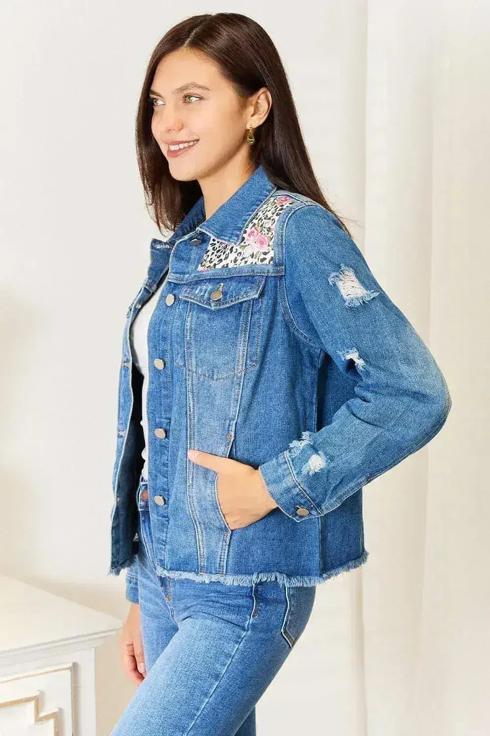 Leopard Floral Denim Jacket - Distressed Raw Hem | Femstylo