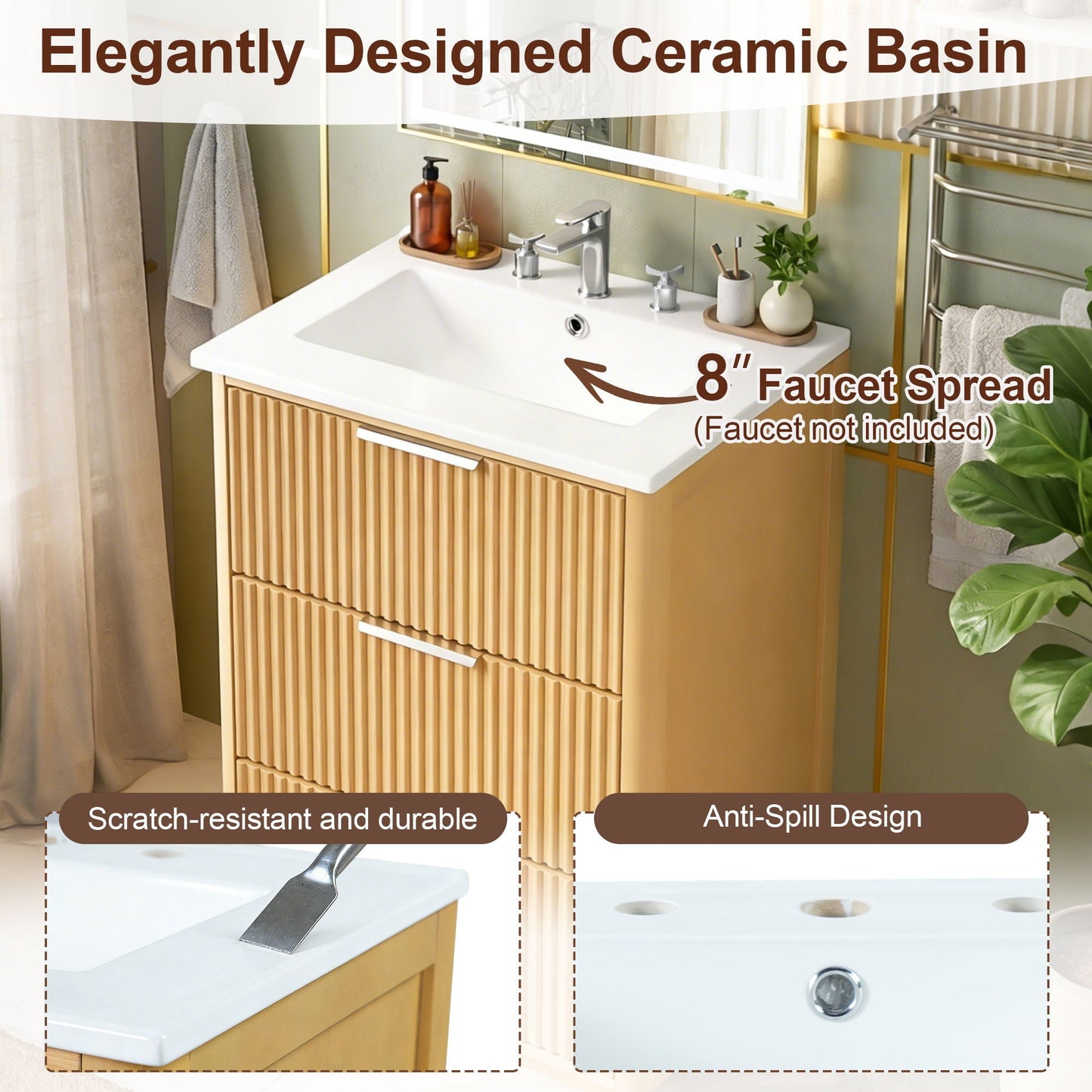 Bathroom Vanity With Sink, Open Shelf & Closed Storage - Natural Wood