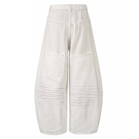 Sprayed and Distressed Denim Tapered Pants with High Street Punk Pocket Design, Loose Wide Leg Long Pants