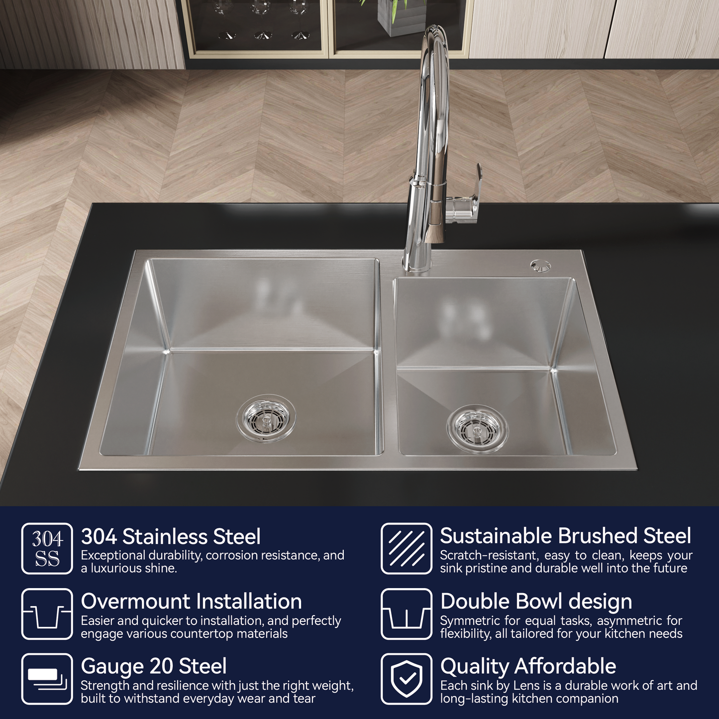 Stainless Steel Kitchen Sink, 32"x19" Double Bowl in Brushed Nickel