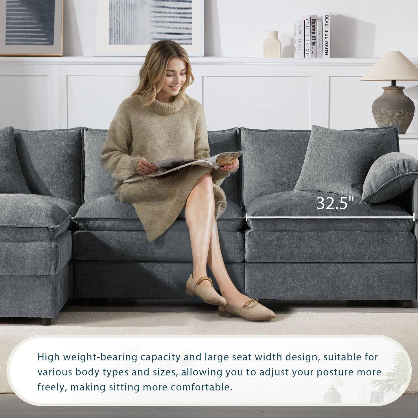 Modular Sectional With Deep And Wide Seat, Cloud Couch Set With Double Cushions Sofa With Movable Ottoman
