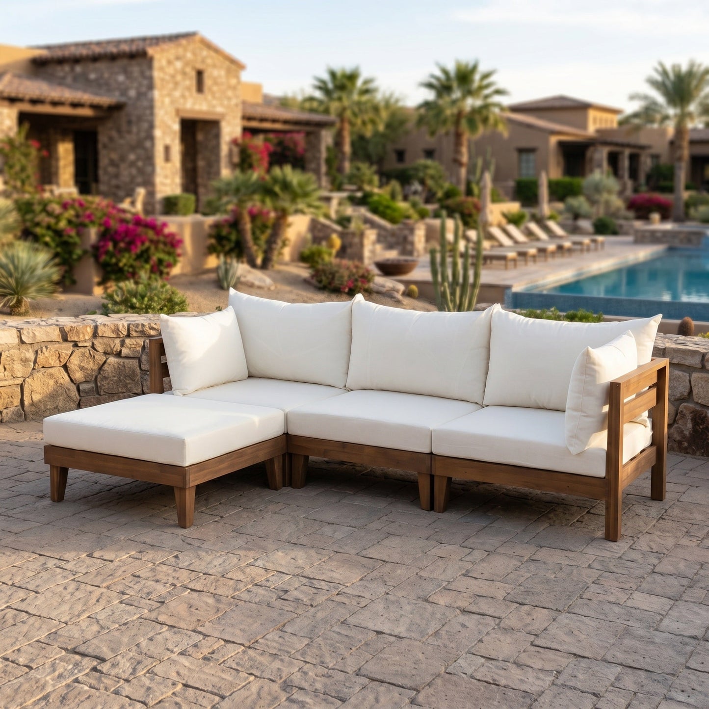 TOPMAX Outdoor Large Daybed Acacia Wood 6-Piece Patio Sofa Set