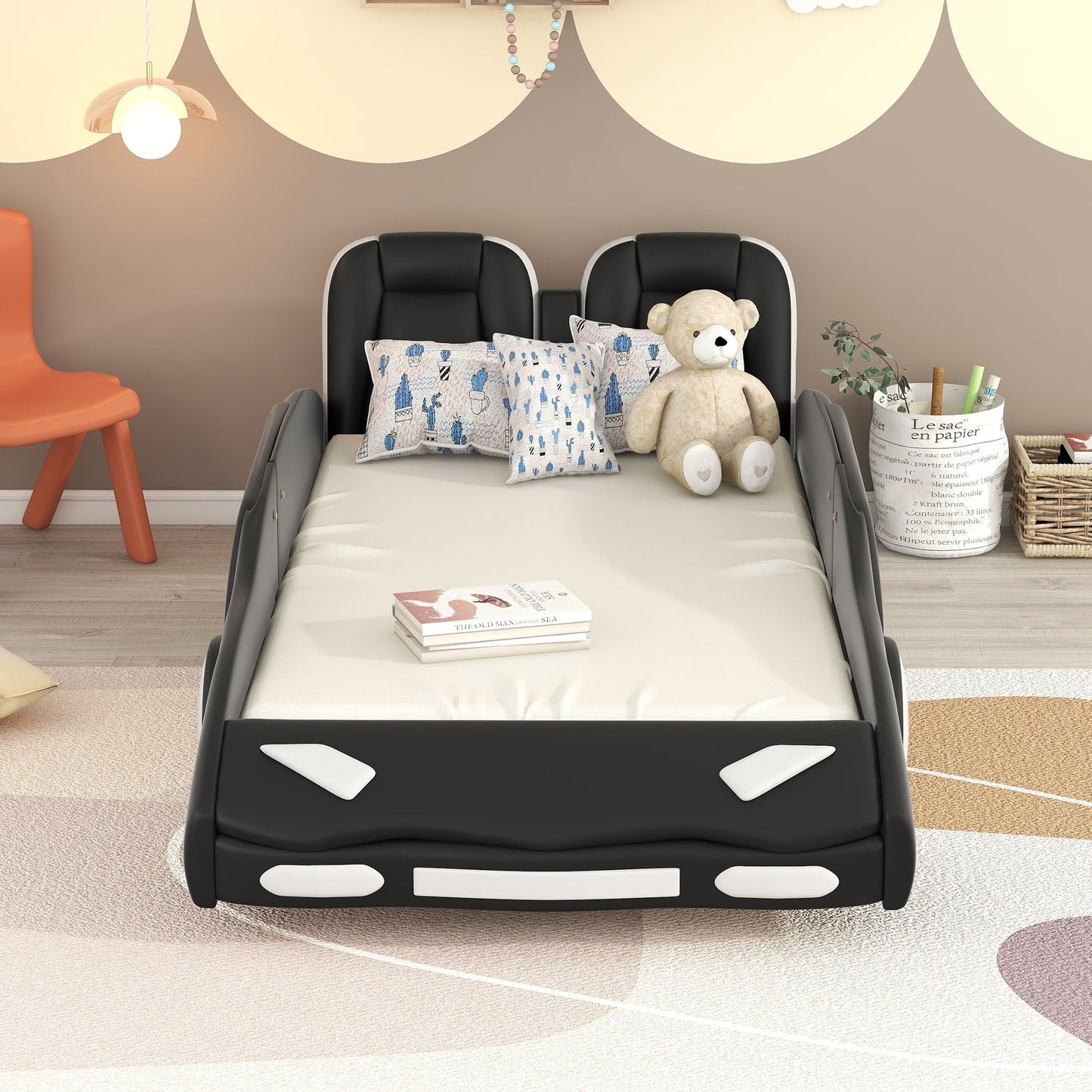 Race Car Shaped Twin Platform Bed With Wheels, Pine Wood Construction