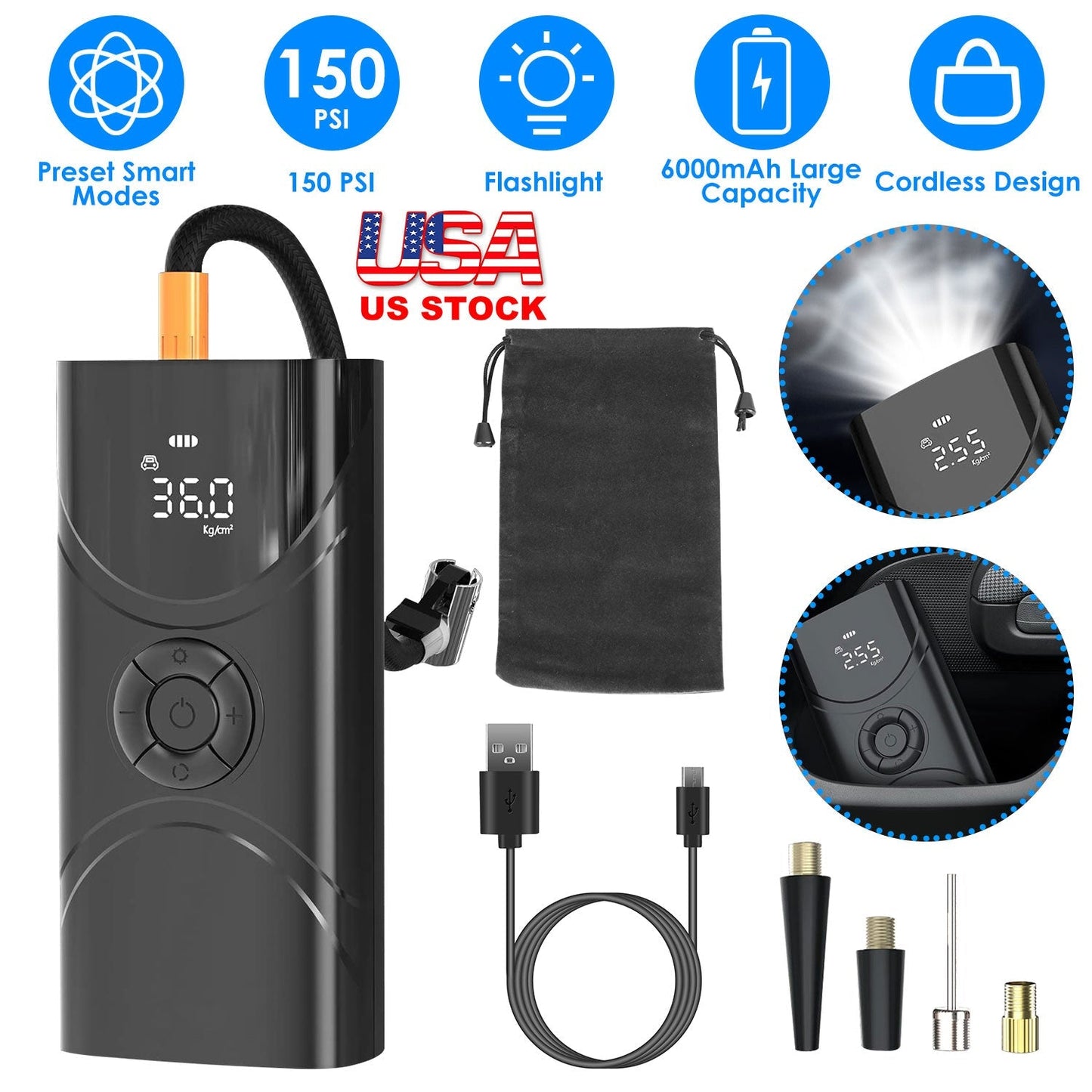 Car Tire Inflator Pump Portable Car Air Compressor 6000mAh Wireless Electric Air Pump 150 PSI with LED Light