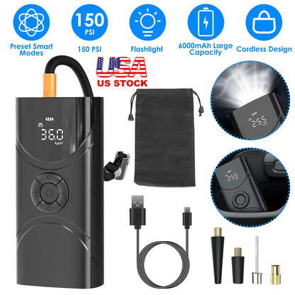 Car Tire Inflator Pump Portable Car Air Compressor 6000mAh Wireless Electric Air Pump 150 PSI with LED Light