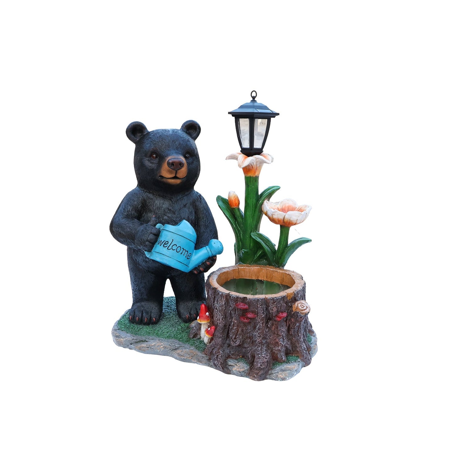 Standing Black Bear Garden Planter with Decorative Solar Lantern