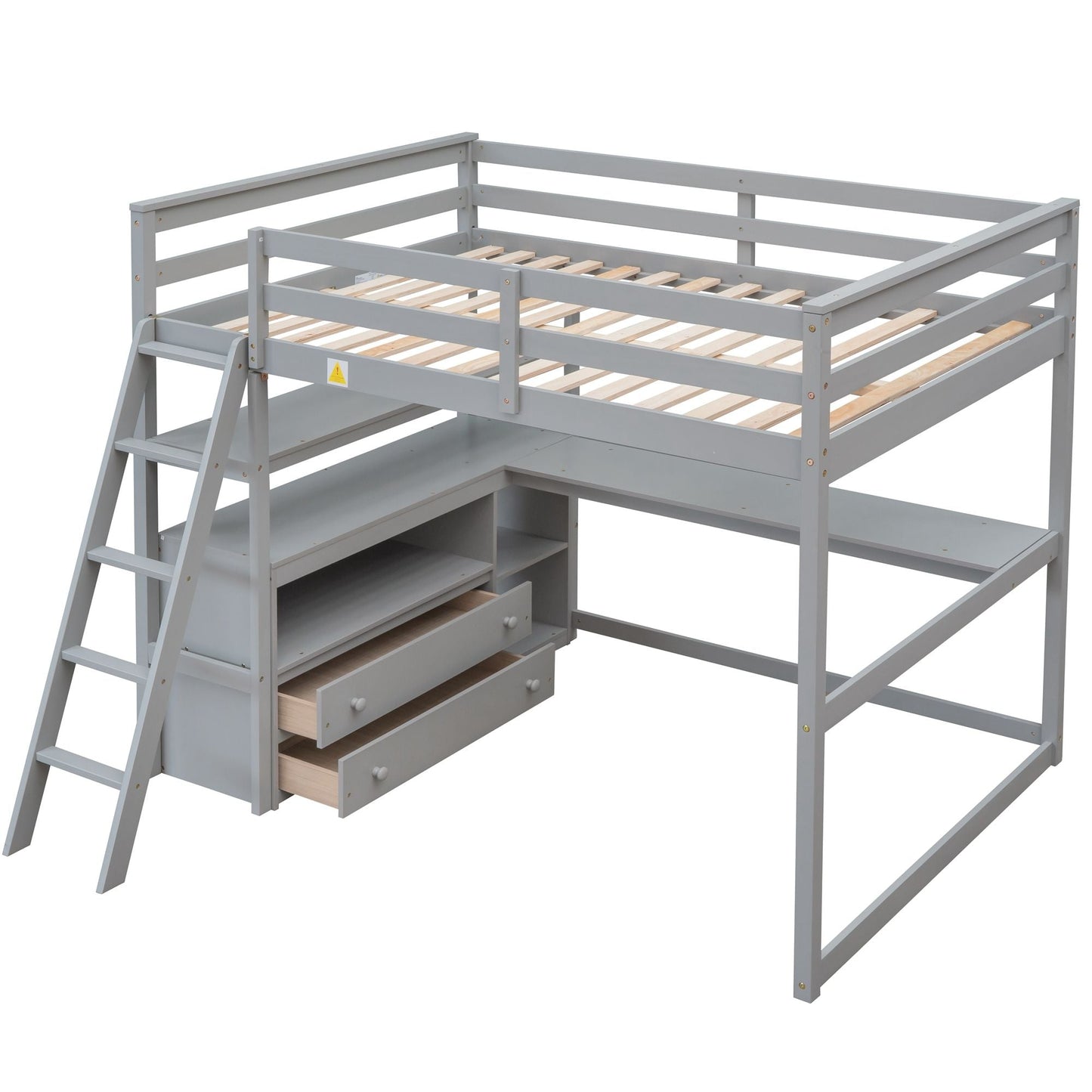 Modern Loft Bed With Built In Desk, Shelves, And 2 Drawers