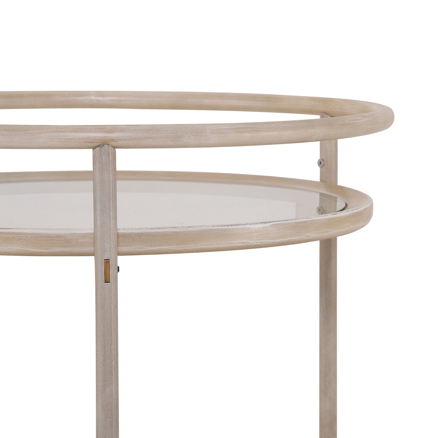 Round Bar Cart with Tempered Glass Shelves and Gold Accents