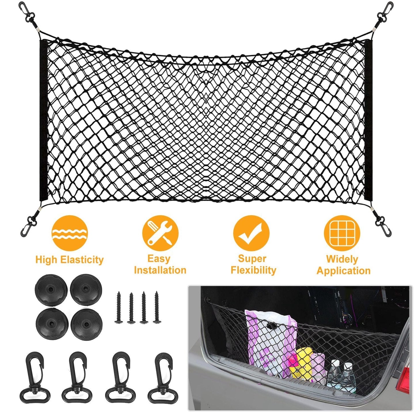 Trunk Cargo Net Stretchable Universal Elastic Truck Net Rear Seat Trunk Storage Organizer Net with Fasteners and Hardware Flexible Nylon Car Storage M
