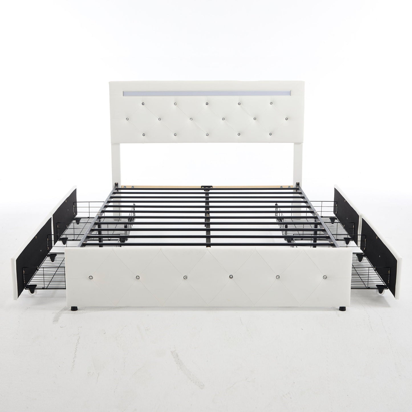 Upholstered Bed Frame With LED Lights, 4 Storage Drawers, Charging Station