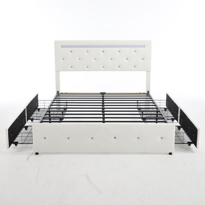 Upholstered Bed Frame With LED Lights, 4 Storage Drawers, Charging Station