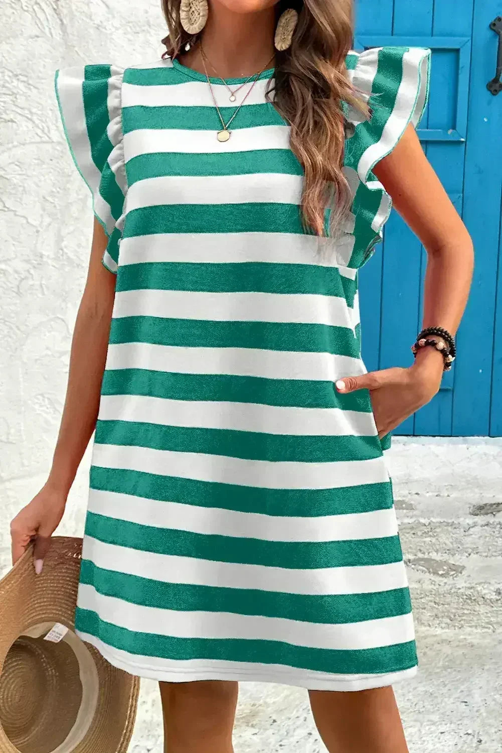 Black Stripe Flutter Sleeve Round Neck Shift Mini Dress