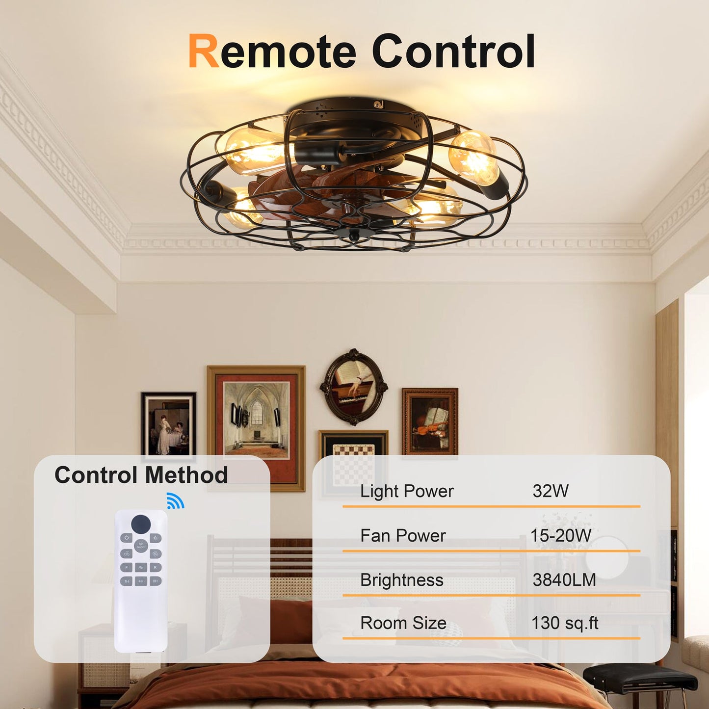 19.7" Industrial Caged Ceiling Fan with Light