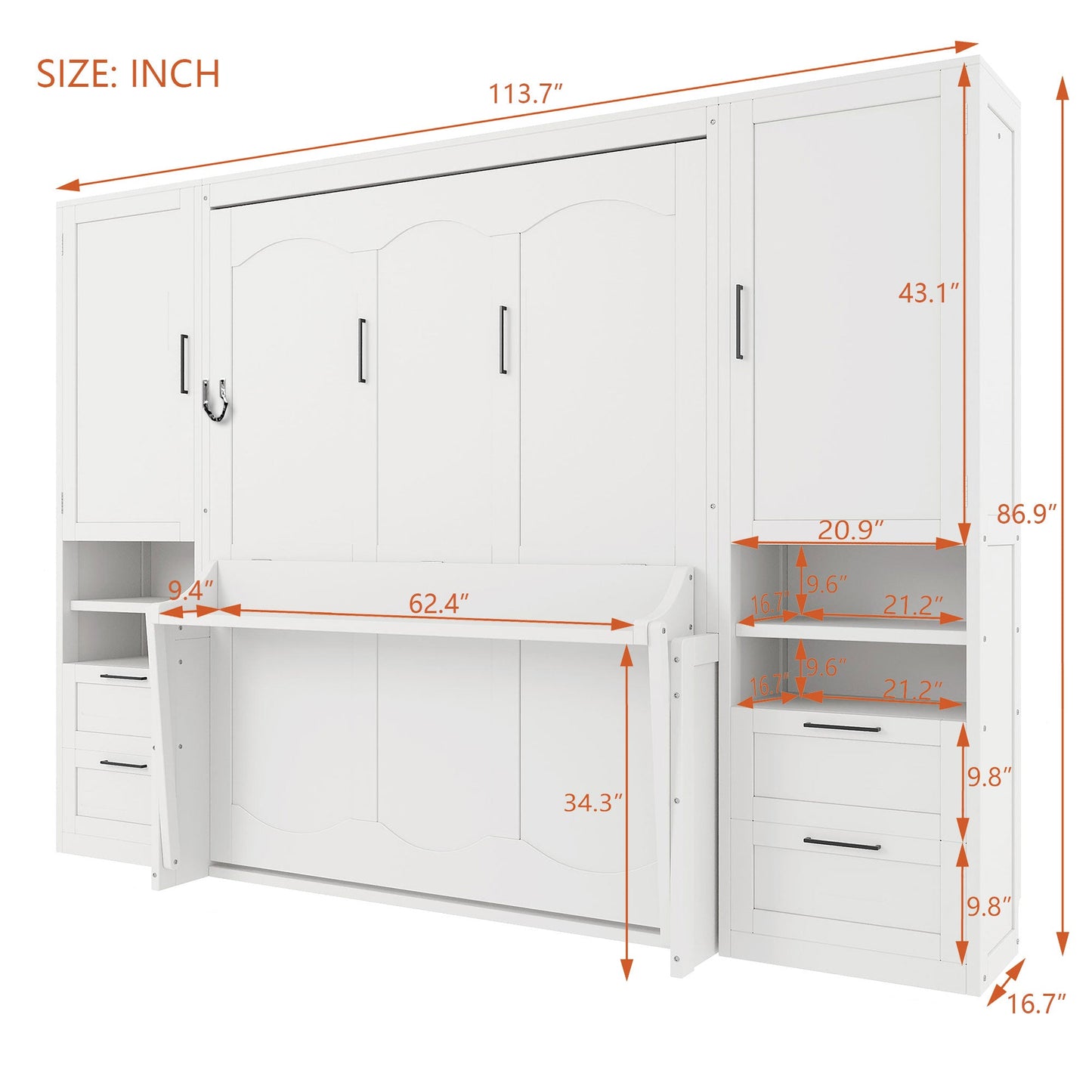 Queen Size Murphy Bed Wall Bed with Closet, Drawers and Shelves, White