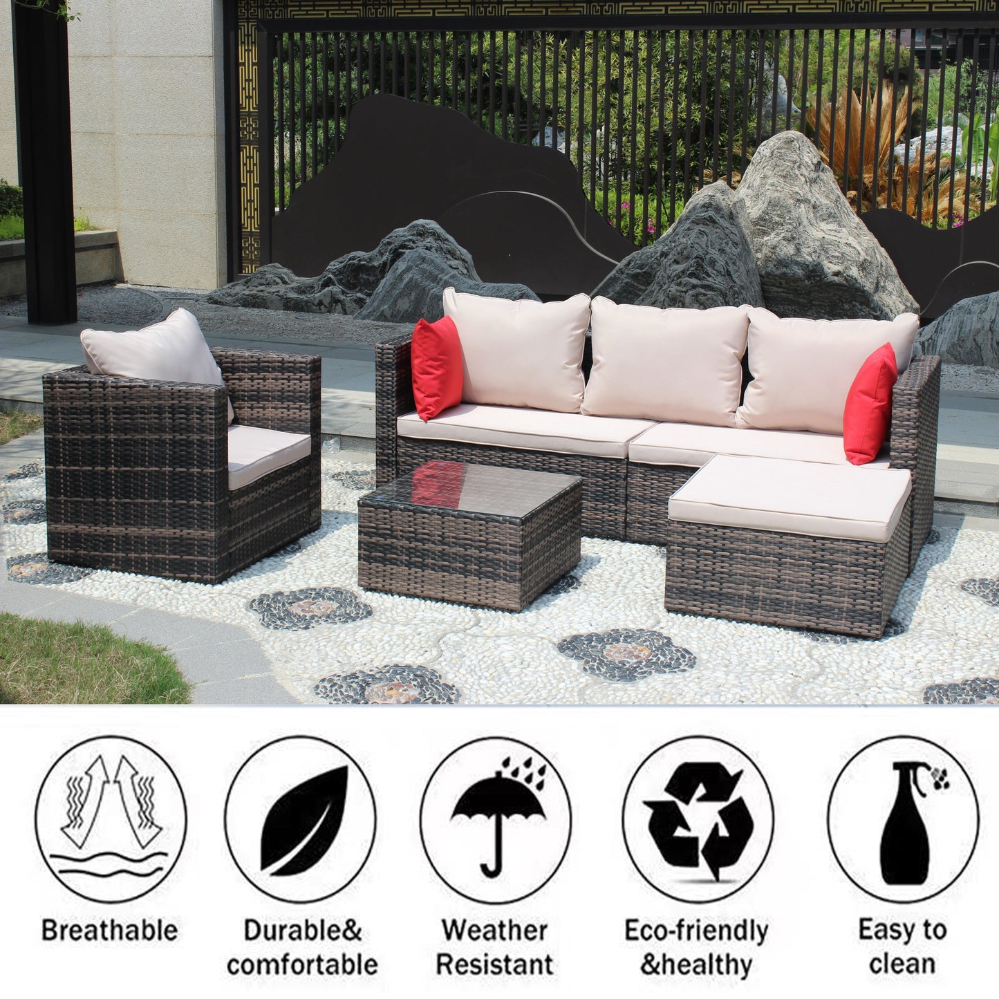 Rattan Patio Furniture Set Wicker Sofa Cushioned Sectional (4 Pieces, Brown)