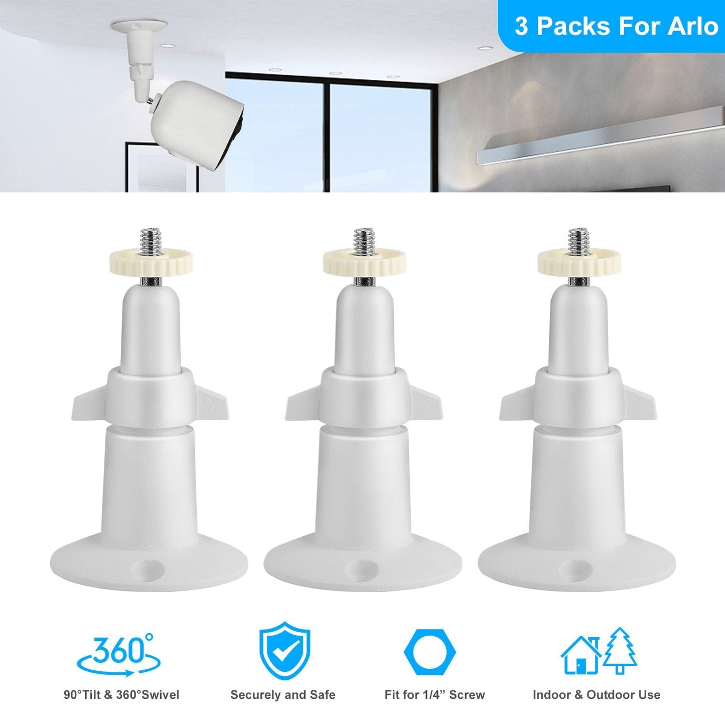 3 Packs Security Camera Wall Mount for Arlo 360¡Adjustable Camera Holder Garden Patio Screw Mount Universal Fit for 1/4" Imperial Standard Screw Inter
