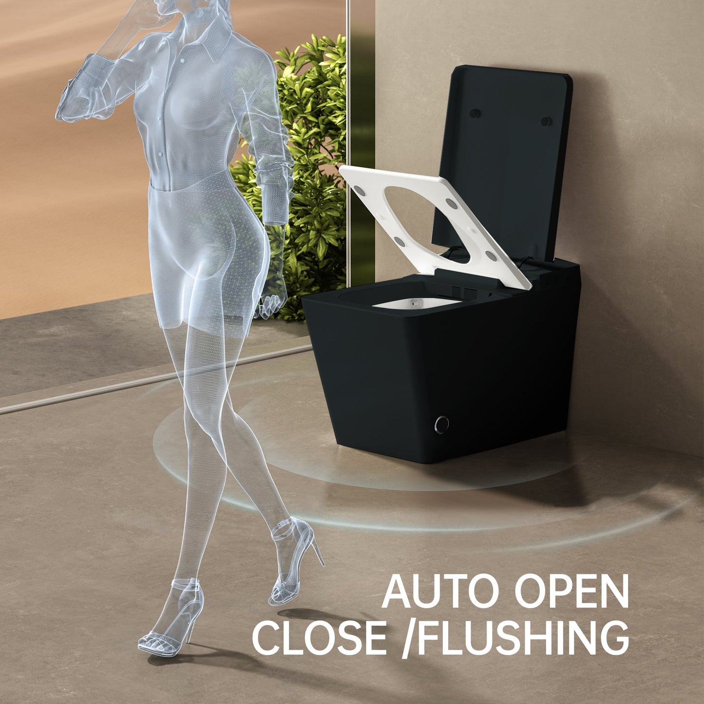 Black Square Smart Toilet with Built-In Tank and Remote Control