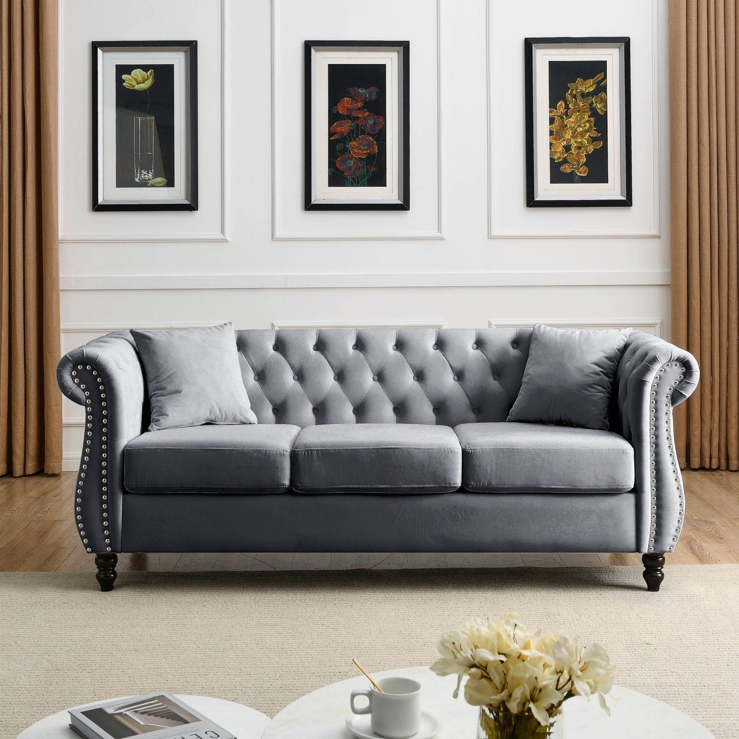 Chesterfield Sofa With Rolled Arms And Nailhead Trim
