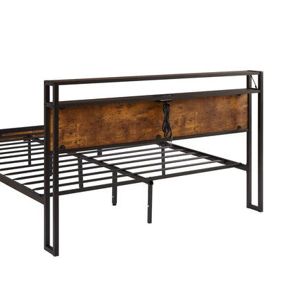 Modern Metal Platform Bed Frame With Wooden Headboard And Footboard, USB Charging Station, LED Lights, 2 Drawers