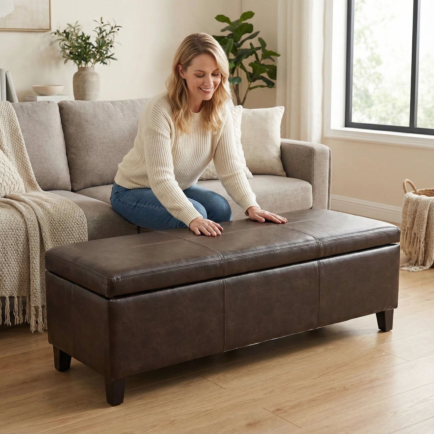 Rectangle Storage Ottoman Bench For Living Room - Brown