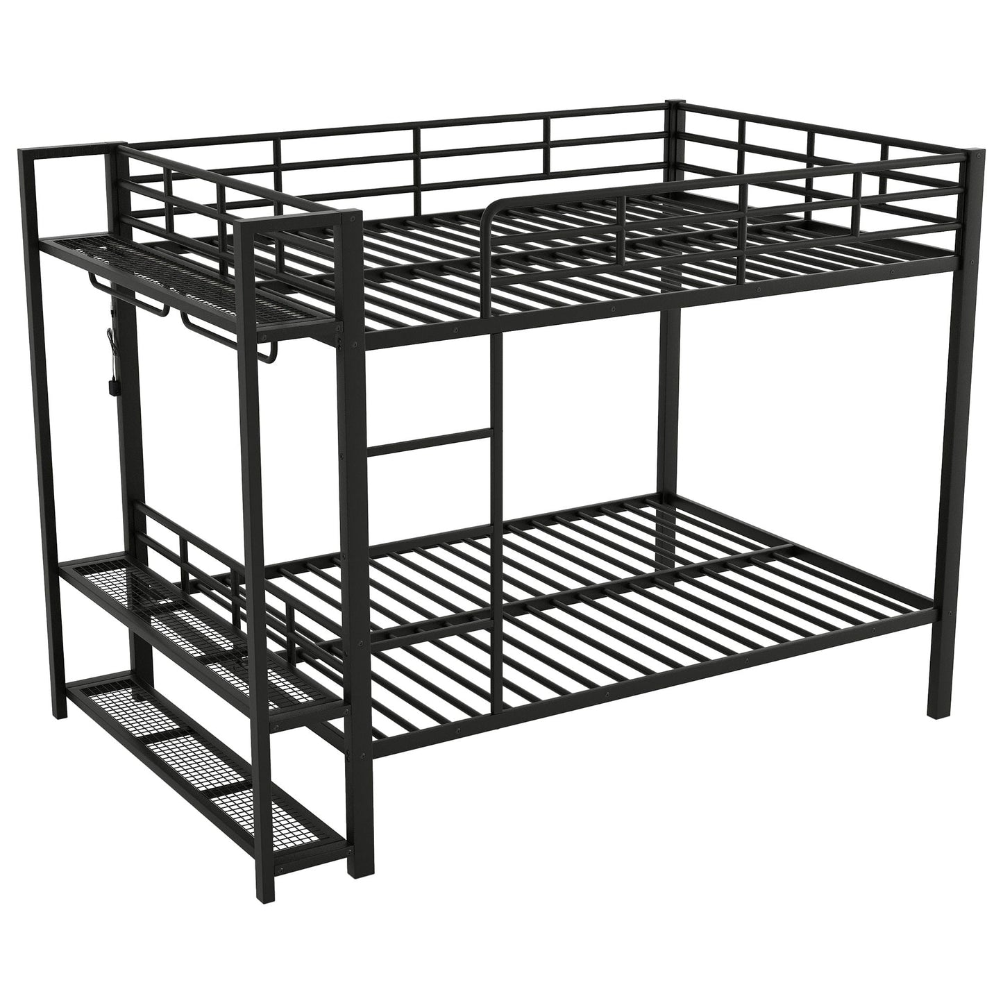 Bunk Bed With Storage Shelves, Clothes Hooks, LED Light