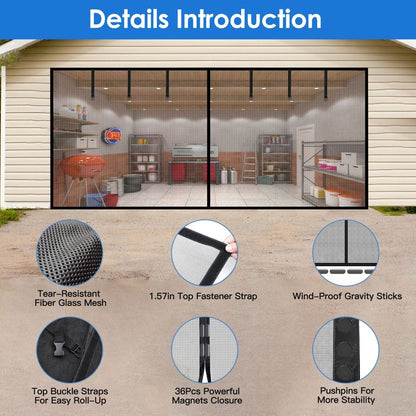16x7FT Magnetic Garage Door Screen Two-Car Garage Screen Mesh Fiberglass Garage Net with Magnetic Closure 6 Buckle Straps for Two Cars