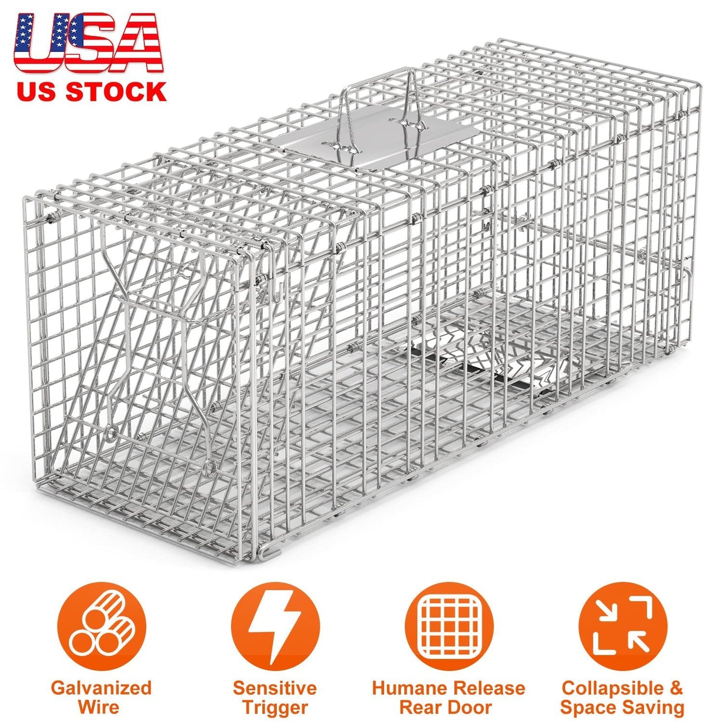 Humane Cat Trap Cage Catch Release Live Animal Rodent Cage Collapsible Galvanized Wire for Raccoons Beavers Groundhogs Foxes Armadillos