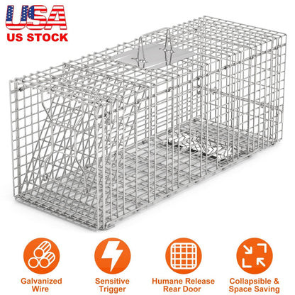 Humane Cat Trap Cage Catch Release Live Animal Rodent Cage Collapsible Galvanized Wire for Raccoons Beavers Groundhogs Foxes Armadillos